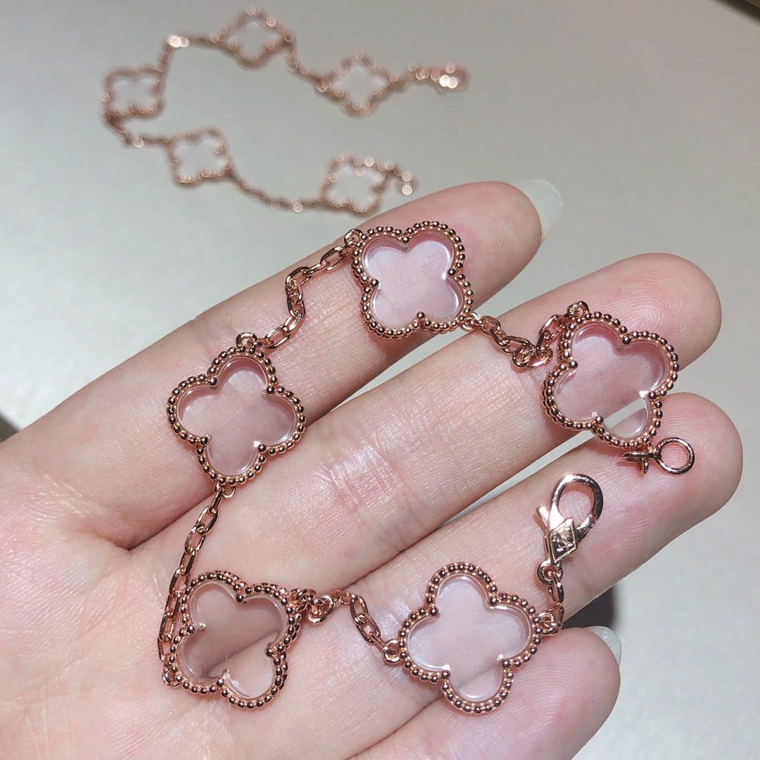 [kincade]CLOVER 5 MOTIF ROCK CRYSTAL PINK GOLD BRACELET