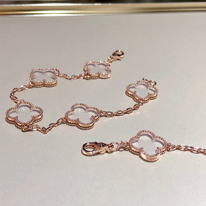 [kincade]CLOVER 5 MOTIF ROCK CRYSTAL PINK GOLD BRACELET