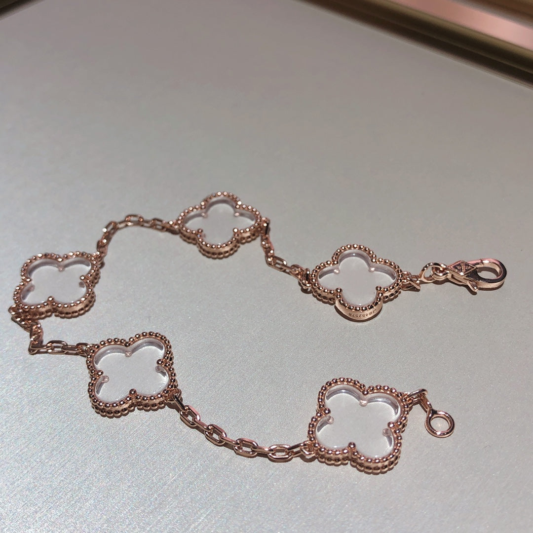 [kincade]CLOVER 5 MOTIF ROCK CRYSTAL PINK GOLD BRACELET