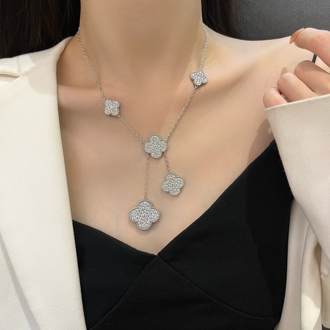 [kincade]CLOVER 5 MOTIFS SILVER DIAMONDS NECKLACE