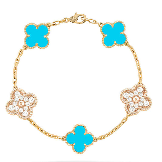 [kincade]CLOVER 5 MOTIF TURQUOISE DIAMOND GOLD BRACELET