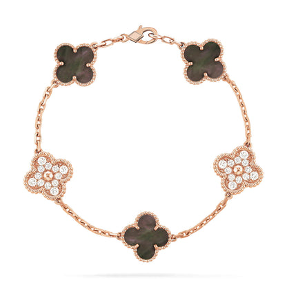 [kincade]CLOVER 5 MOTIFS DARK MOP AND DIAMONDS PINK GOLD BRACELET