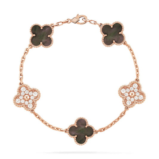 [kincade]CLOVER 5 MOTIFS DARK MOP UND DIAMANTEN ROSA GOLD ARMBAND 